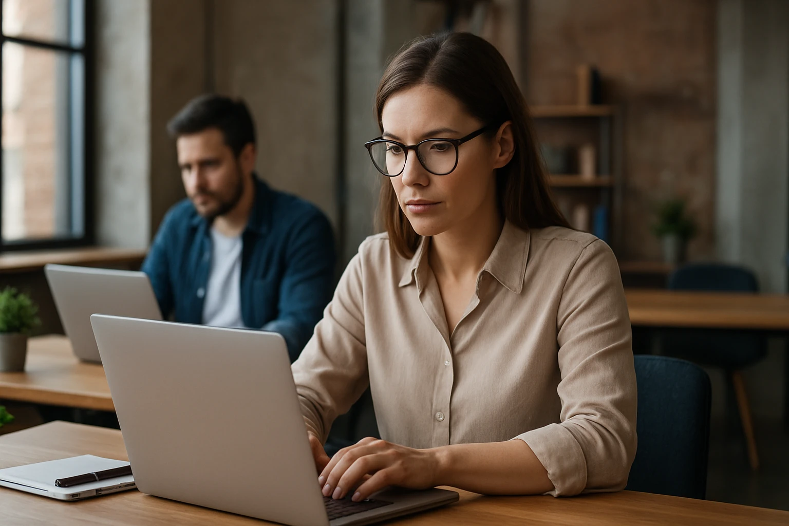 Eine Frau mit Brille arbeitet konzentriert an einem Laptop in einem modernen Büro.