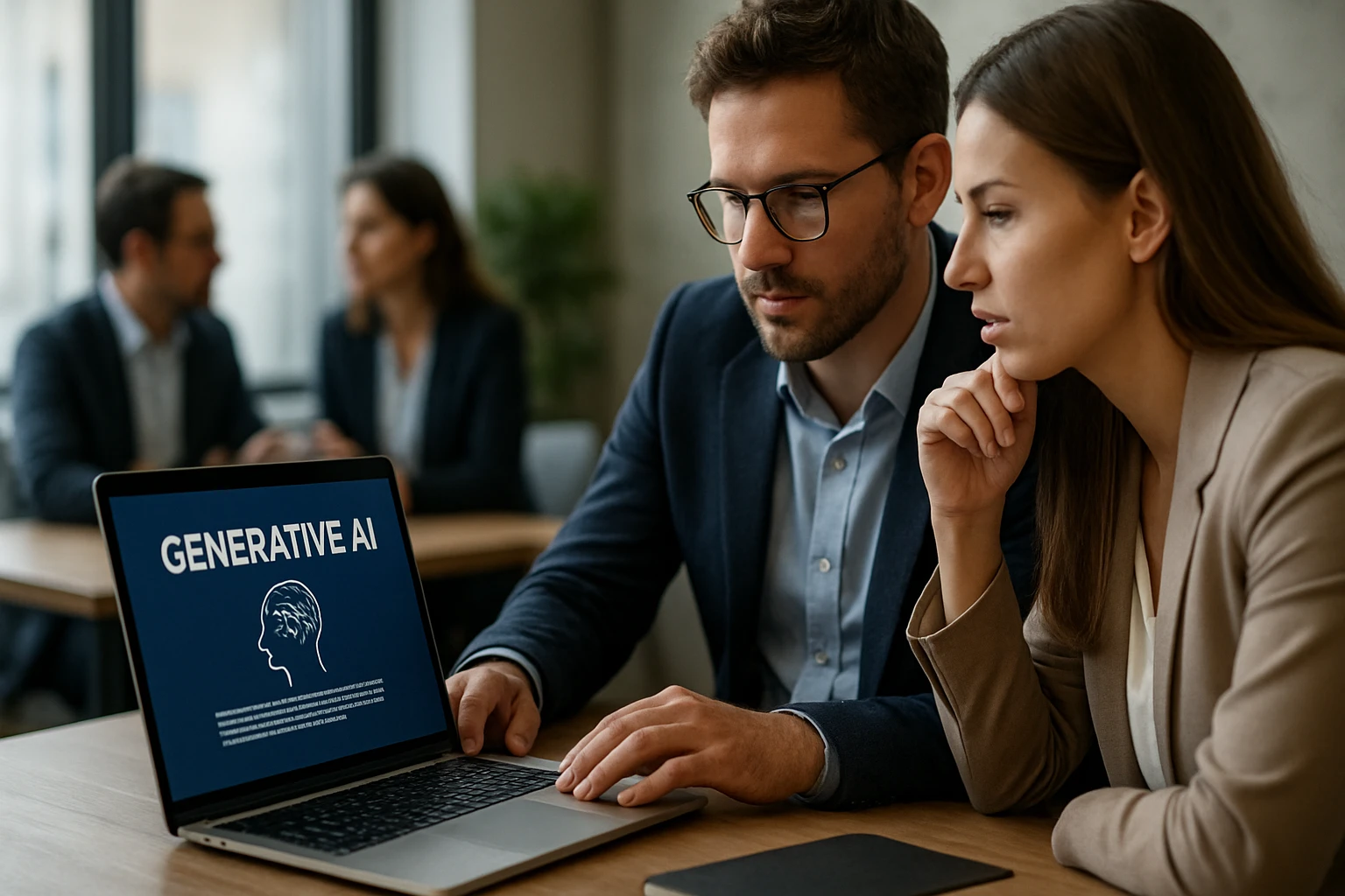 Ein Mann und eine Frau betrachten gemeinsam einen Laptop mit dem Thema generative KI.