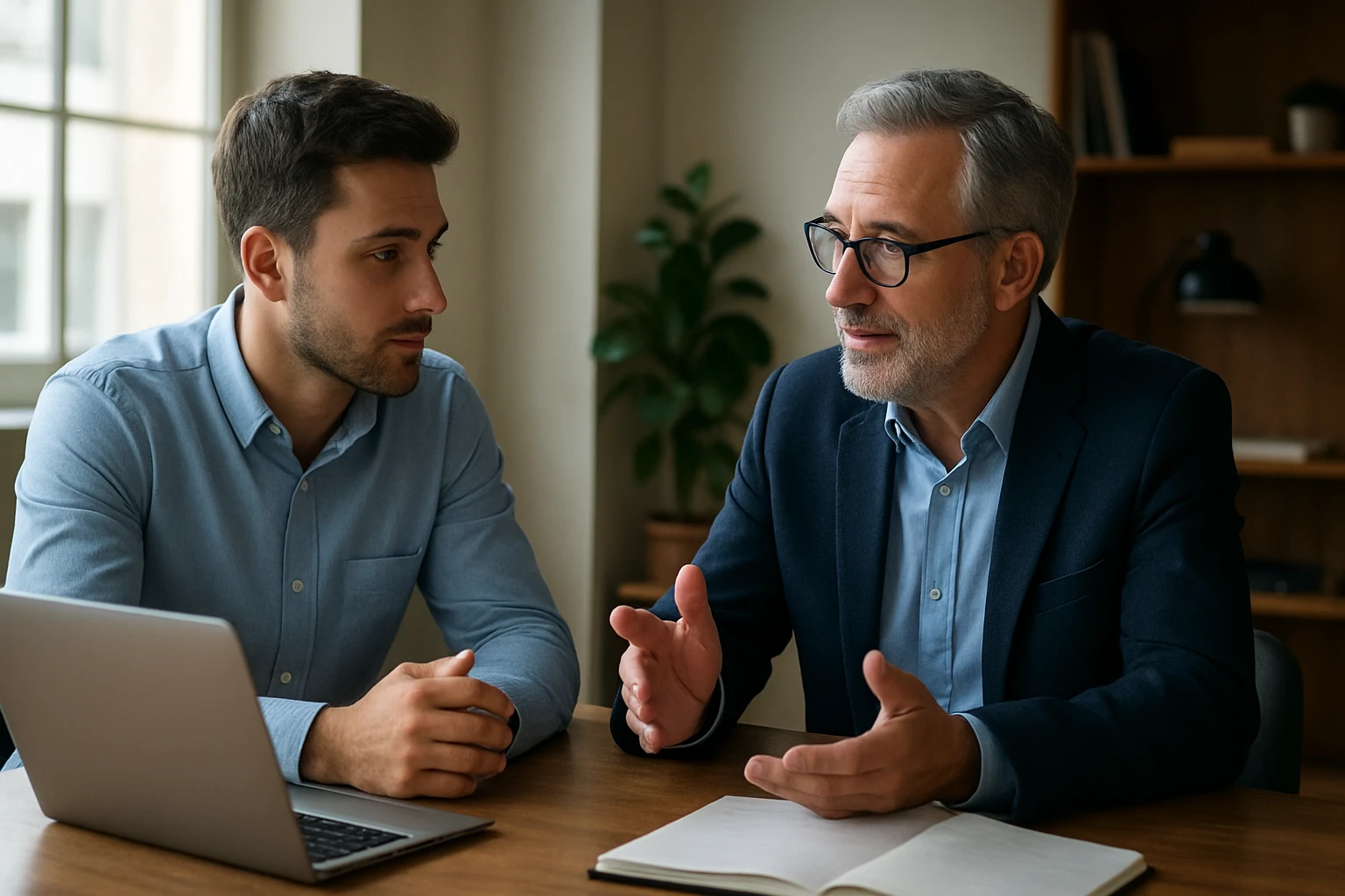 Zwei Männer in einem modernen Büro führen ein Gespräch über geschäftliche Themen.