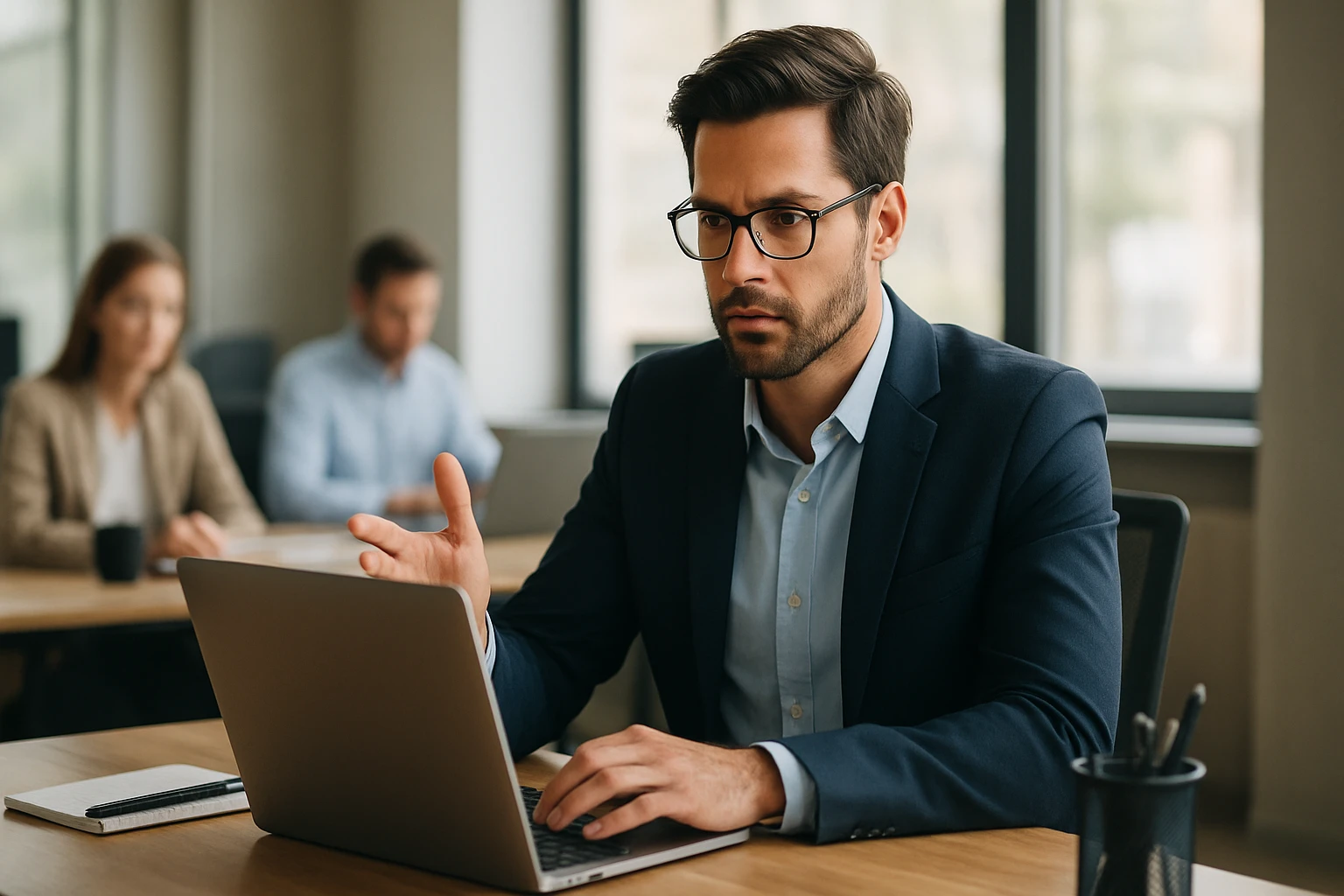 Ein Mann in einem Anzug sitzt an einem Tisch und arbeitet konzentriert an seinem Laptop.
