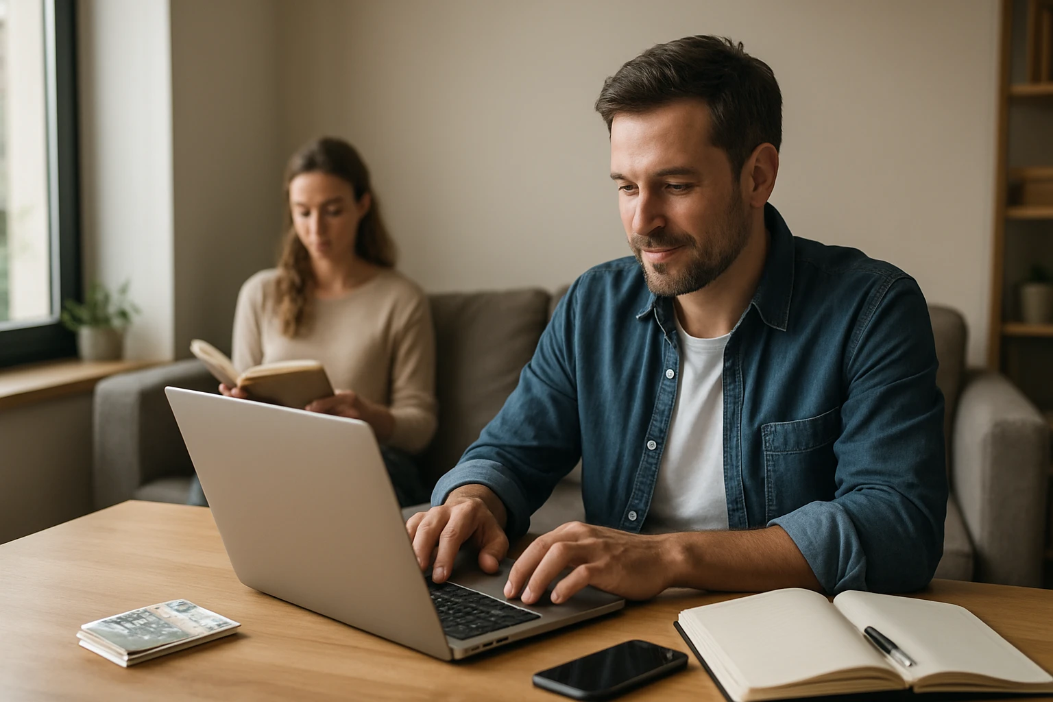 Ein Mann arbeitet am Laptop, während eine Frau im Hintergrund ein Buch liest.