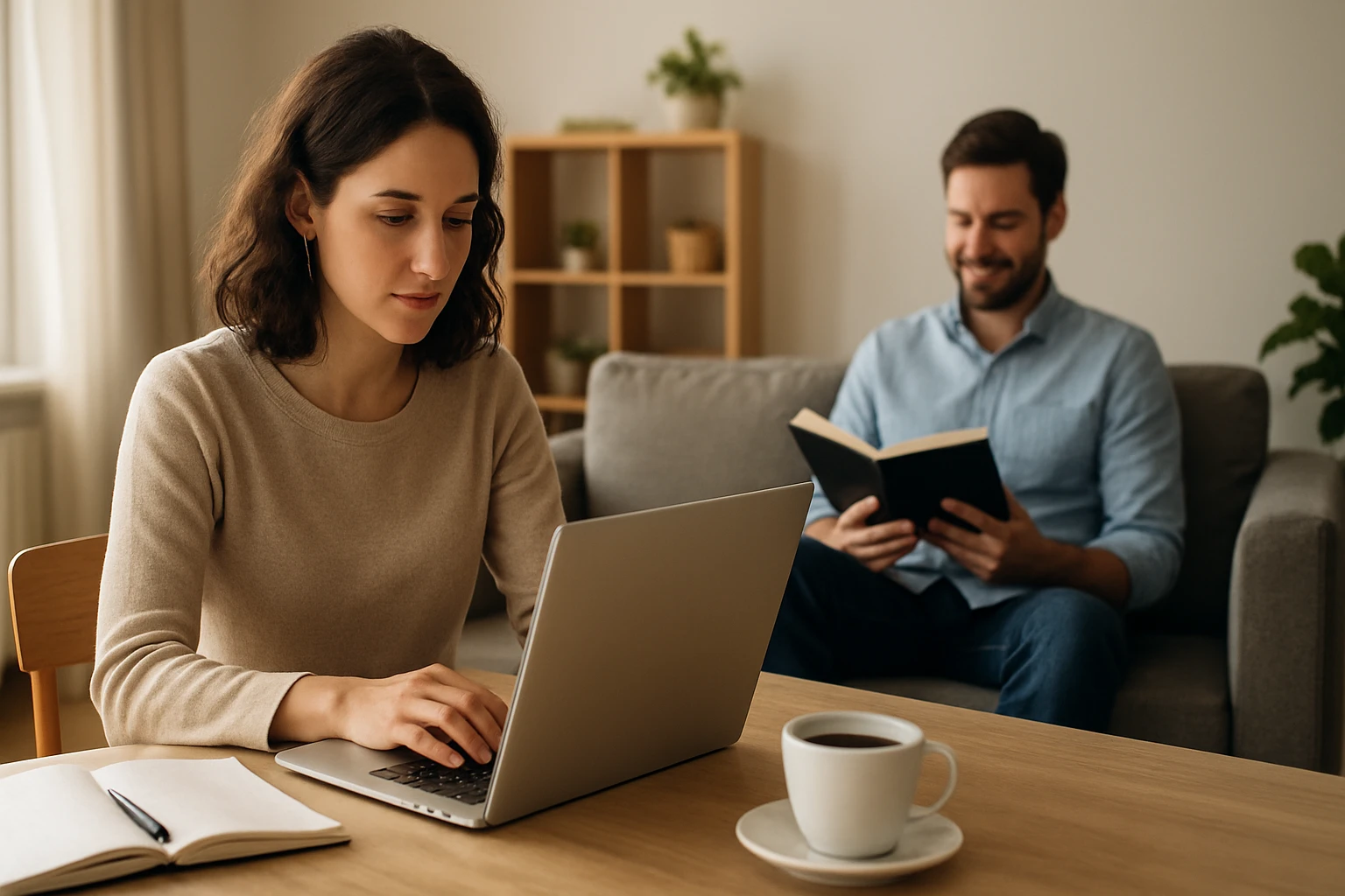 Eine Frau arbeitet am Laptop, während ein Mann im Hintergrund ein Buch liest.