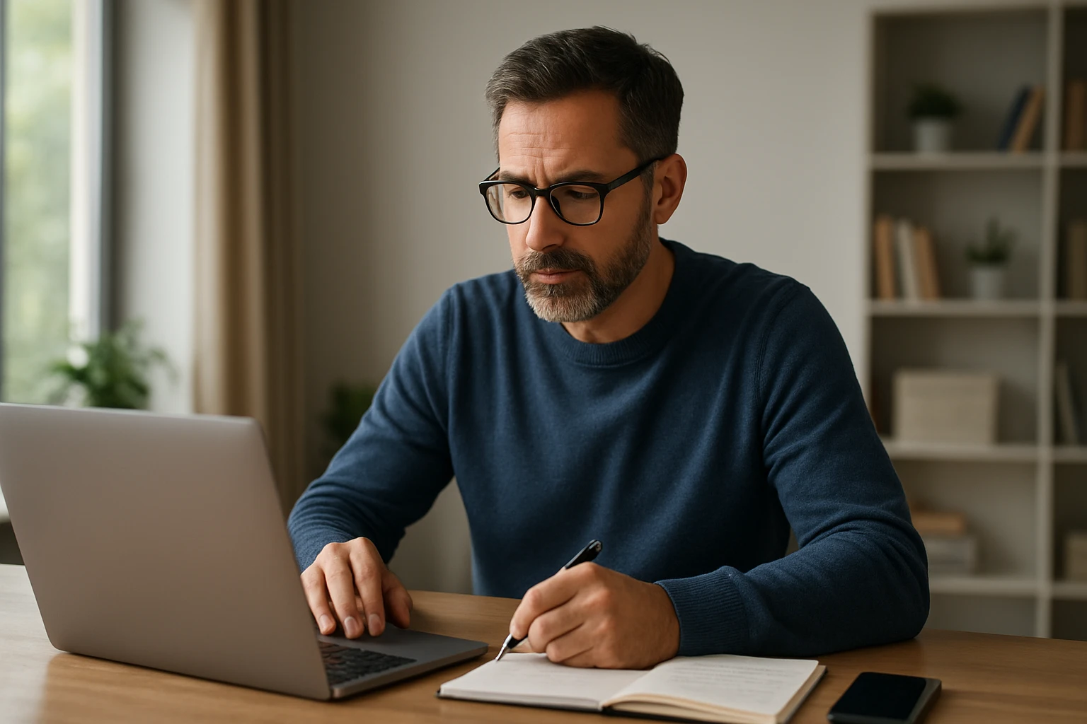 Ein Mann mit Brille arbeitet konzentriert am Laptop und macht Notizen in einem Notizbuch.