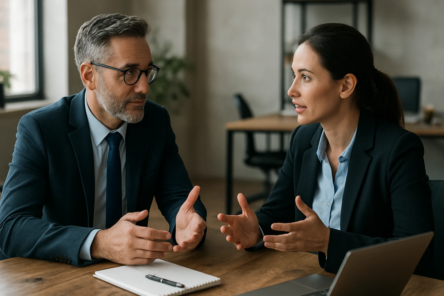 Ein Mann und eine Frau in Anzügen diskutieren angeregt am Tisch.