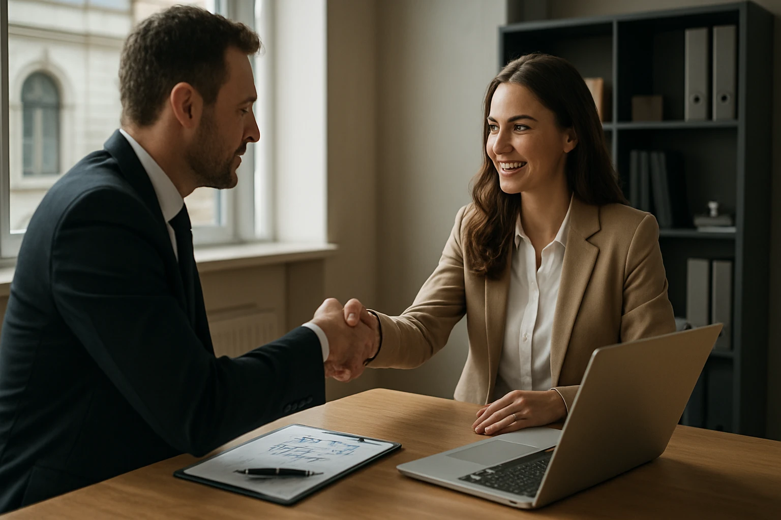 Ein Mann und eine Frau schütteln sich die Hände in einem modernen Büro.