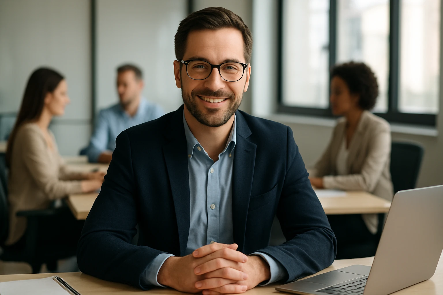 Ein lächelnder Mann in einem Anzug sitzt an einem Tisch mit Laptop, im Hintergrund sind Kollegen zu sehen.