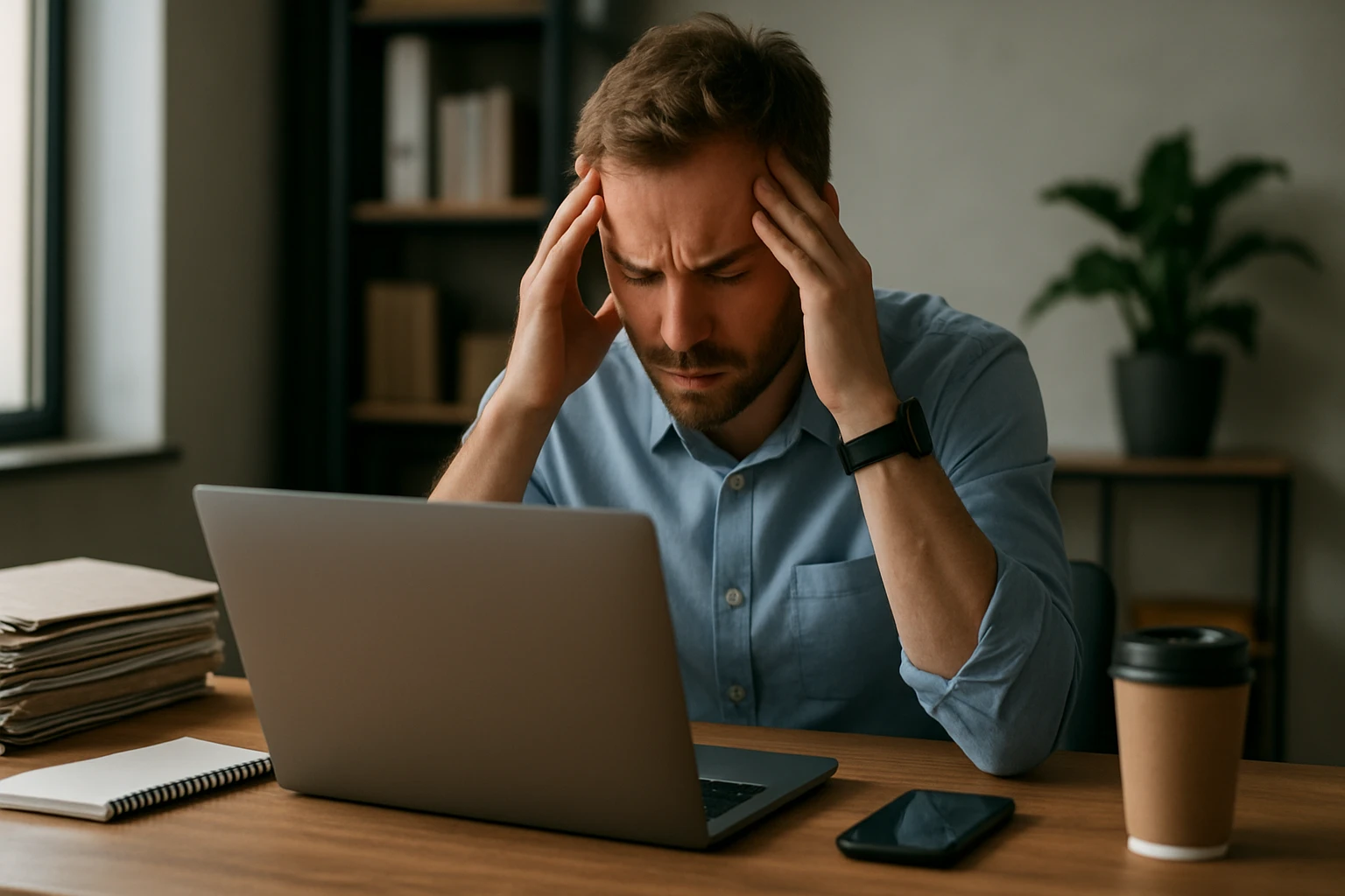 Ein gestresster Mann sitzt vor einem Laptop und hält sich den Kopf.