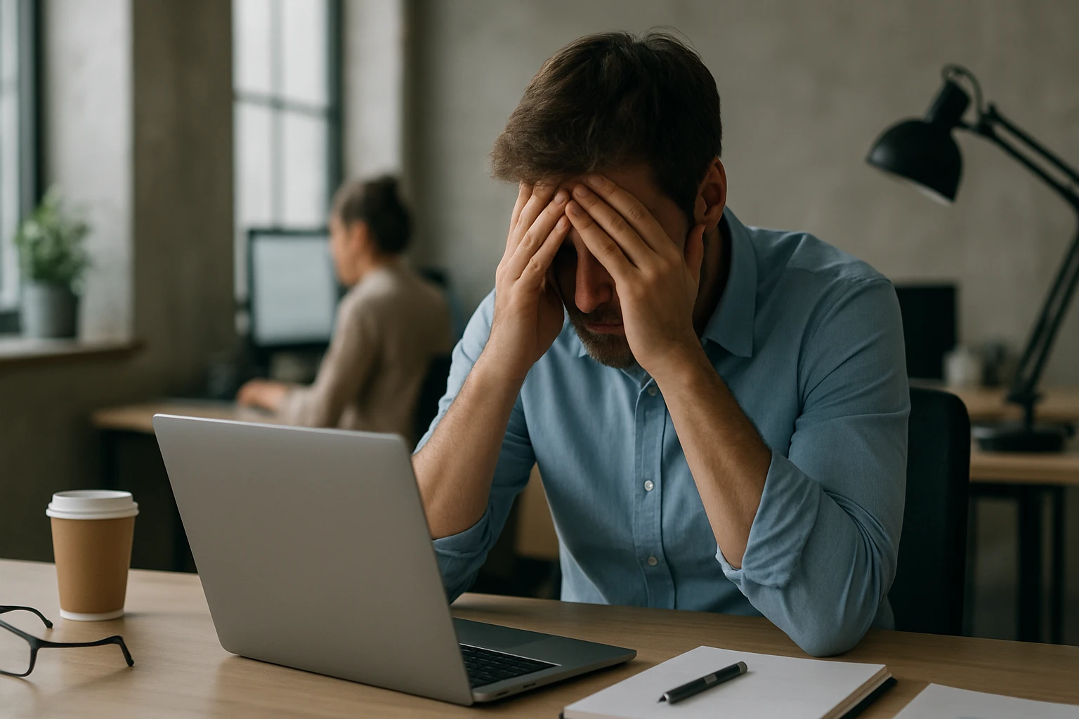 Ein gestresster Mann sitzt am Schreibtisch und hält sich den Kopf.