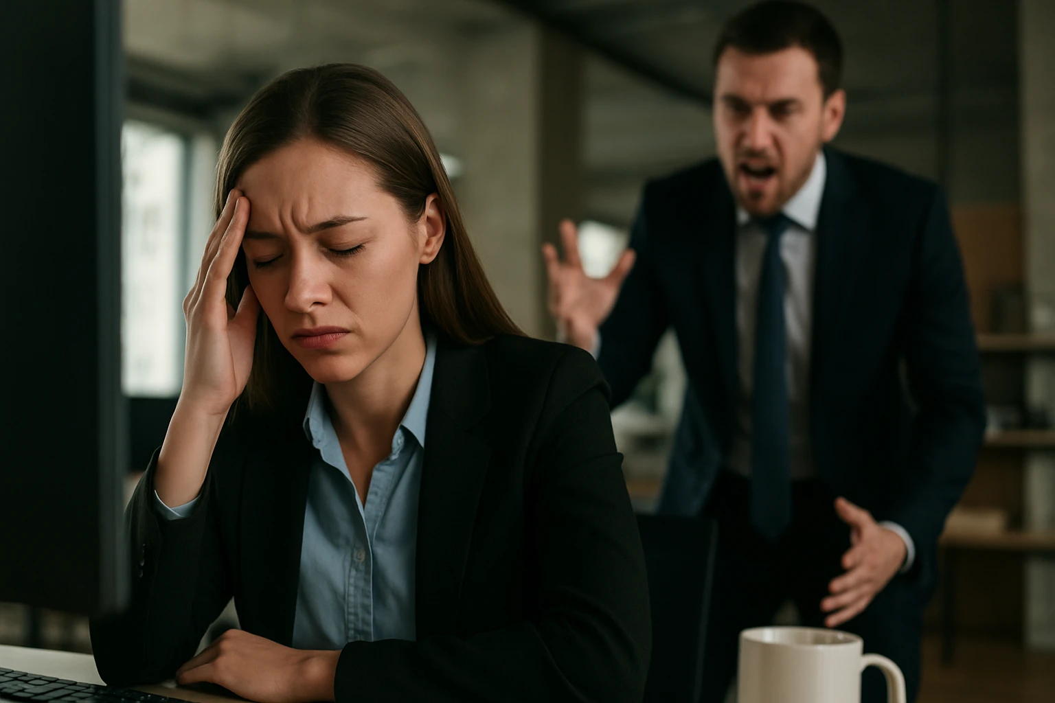 Eine gestresste Frau hält sich den Kopf, während ein Mann sie anschreit.