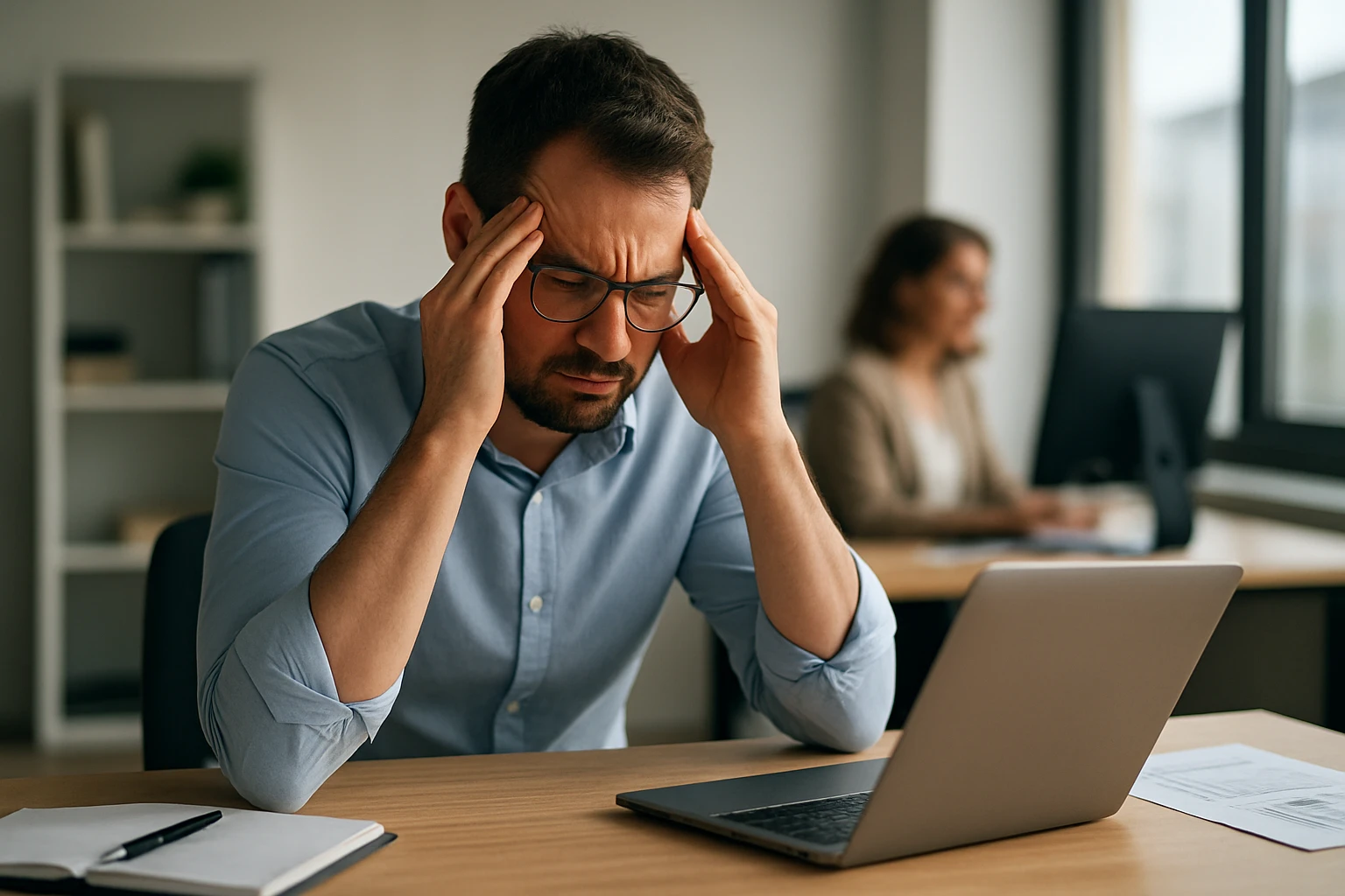 Ein Mann mit Brille zeigt Anzeichen von Stress, während er an einem Laptop arbeitet.