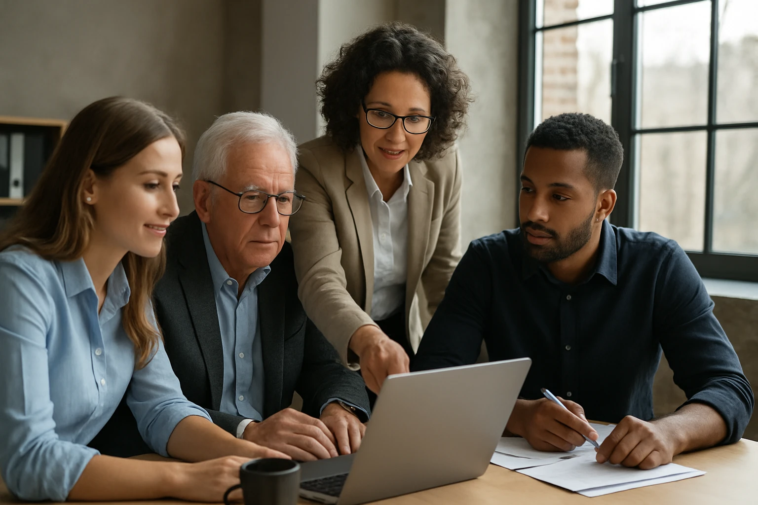 Eine Gruppe von vier Personen, die an einem Laptop arbeiten und diskutieren.