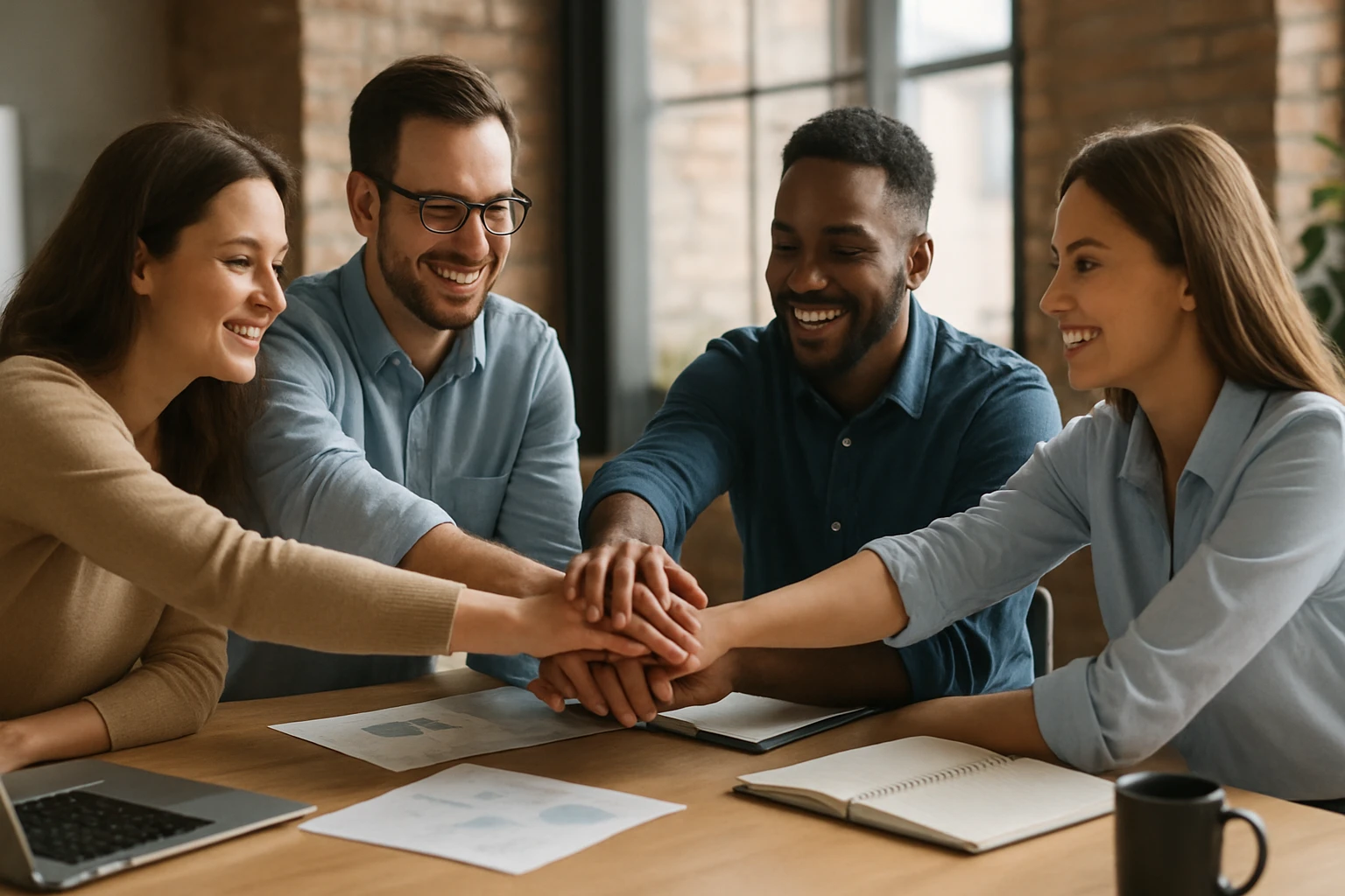 Vier Personen am Tisch, die lächeln und ihre Hände übereinander legen.