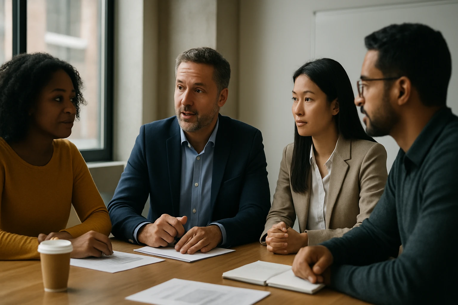Eine Gruppe von vier Personen in einem Besprechungsraum, die an einem Tisch sitzen und diskutieren.