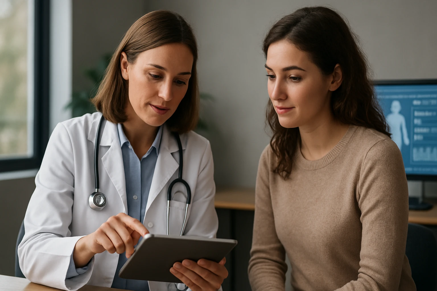 Eine Ärztin zeigt einer Patientin Informationen auf einem Tablet.