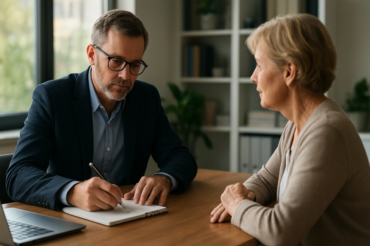 Ein Mann und eine Frau sitzen an einem Tisch, der Mann schreibt in ein Notizbuch.