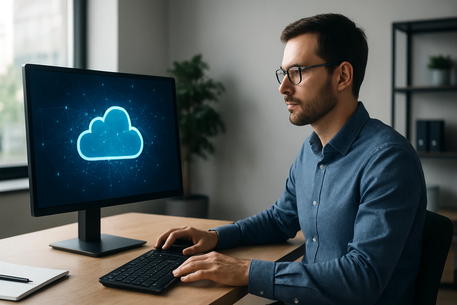 Ein Mann sitzt an einem Schreibtisch und arbeitet an einem Computer mit Cloud-Symbol.