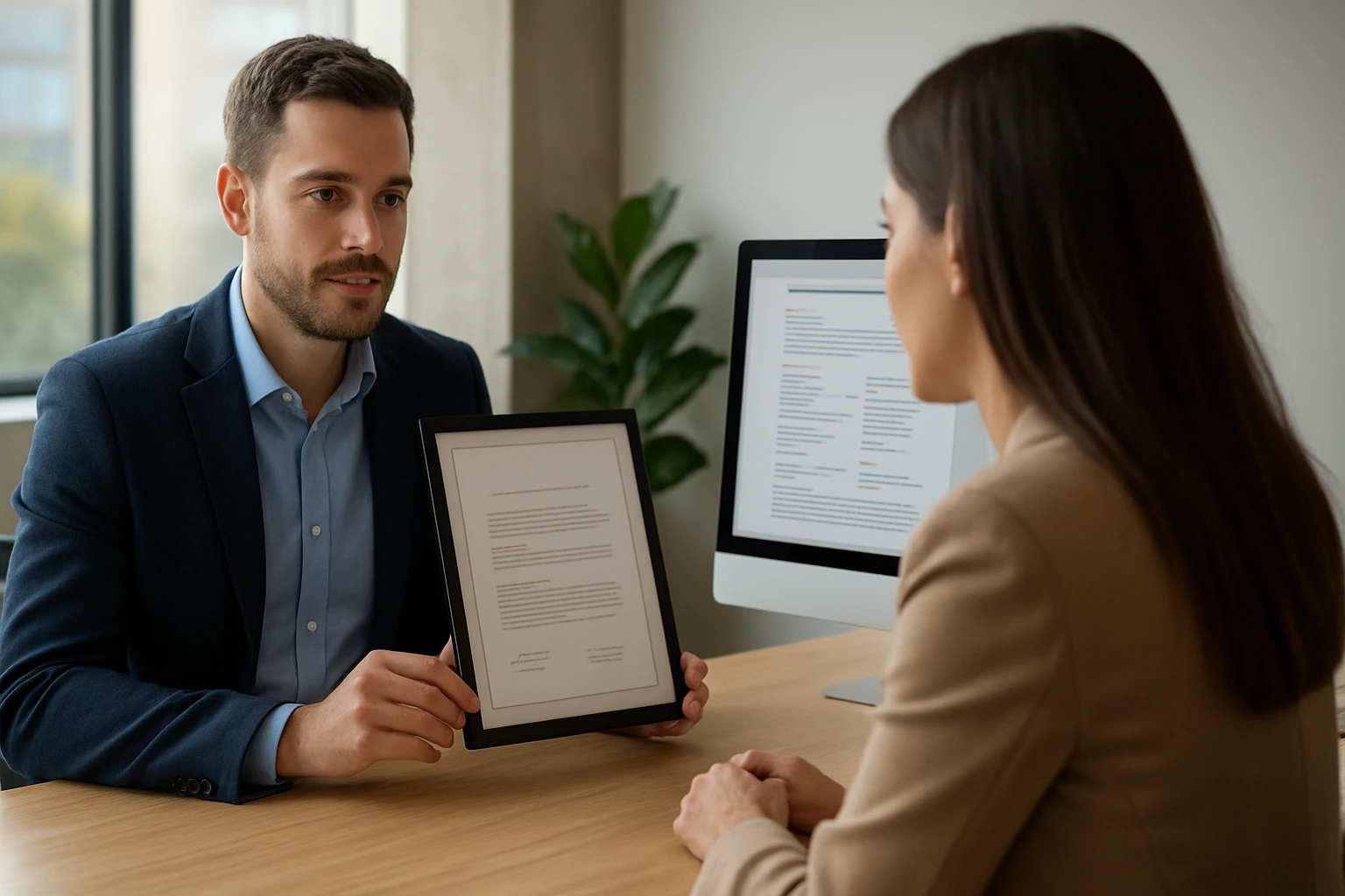 Ein Mann zeigt einer Frau ein Dokument während eines Gesprächs am Tisch.