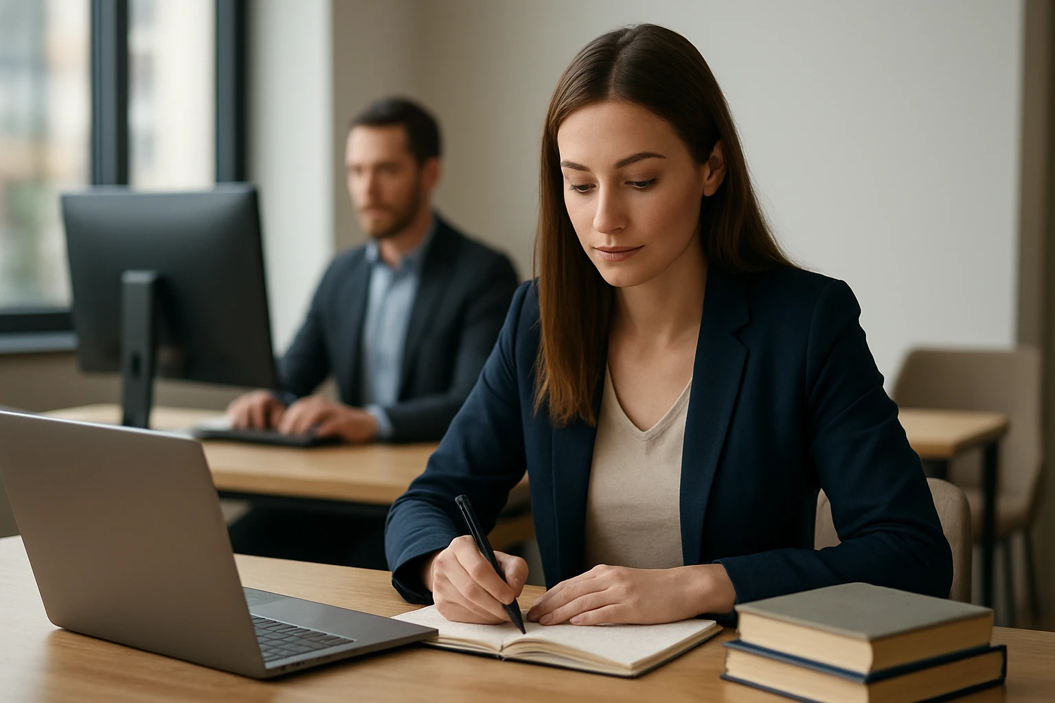 Eine Frau in einem Anzug schreibt in ein Notizbuch, während ein Mann am Computer arbeitet.