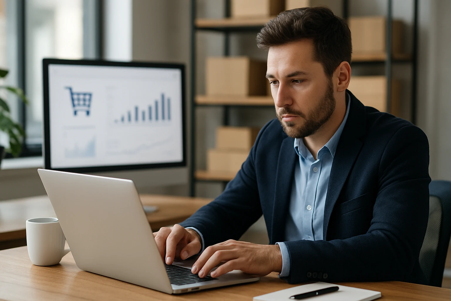 Ein Mann in einem Anzug arbeitet konzentriert an einem Laptop in einem modernen Büro.