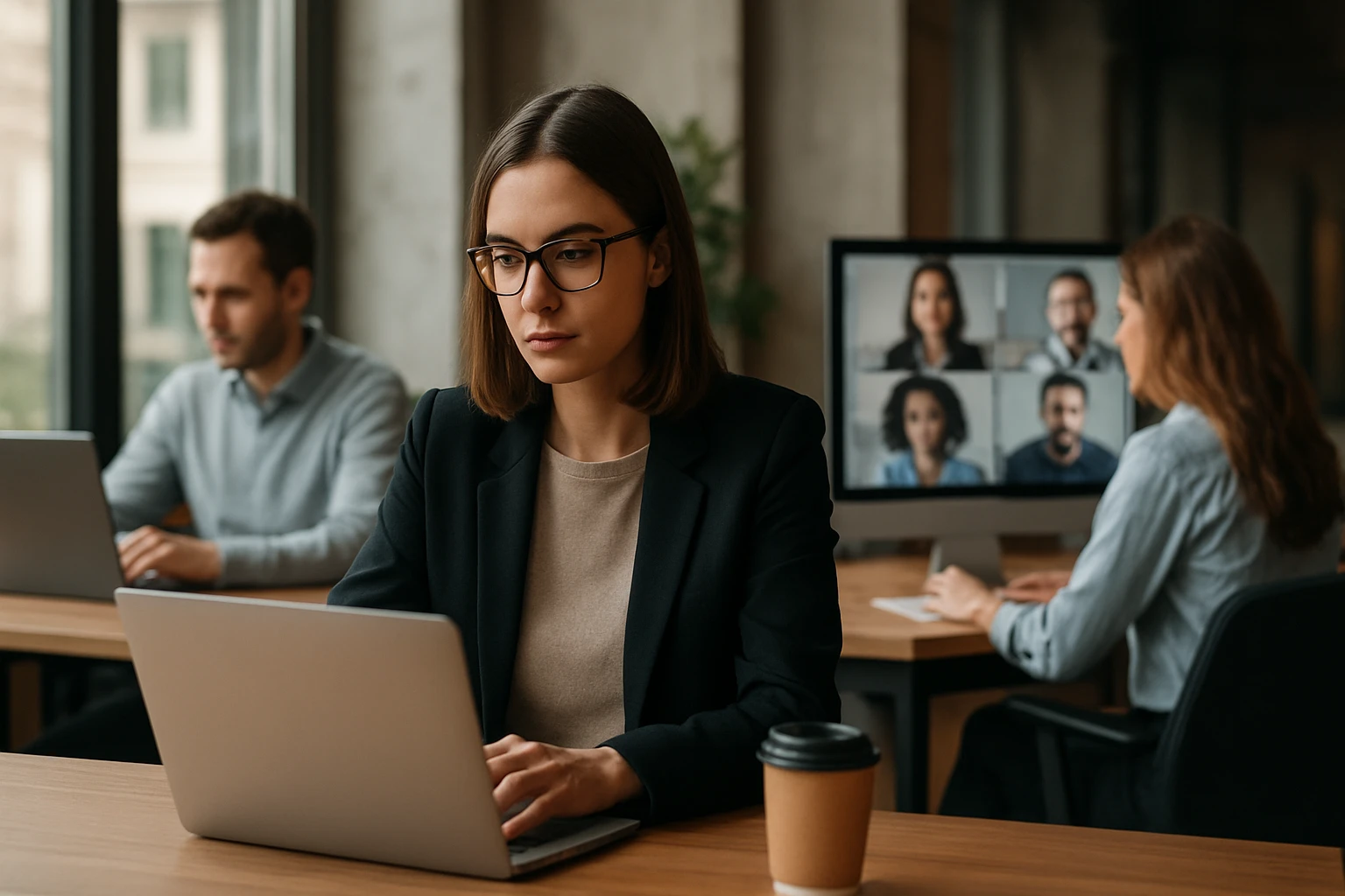 Eine konzentrierte Frau mit Brille arbeitet an einem Laptop in einem modernen Büro.