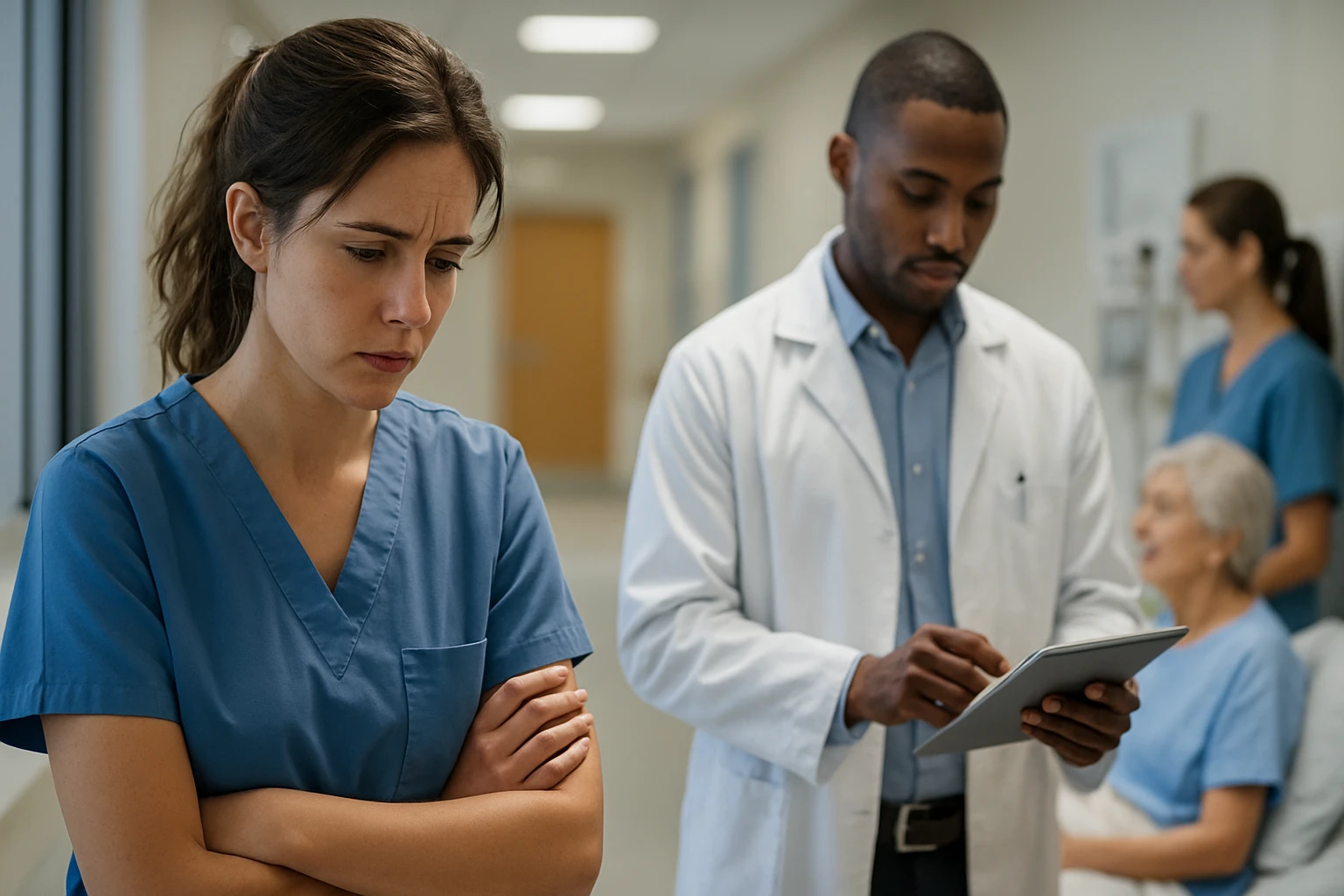 Eine besorgte Krankenschwester in blauer Uniform steht im Krankenhausflur.