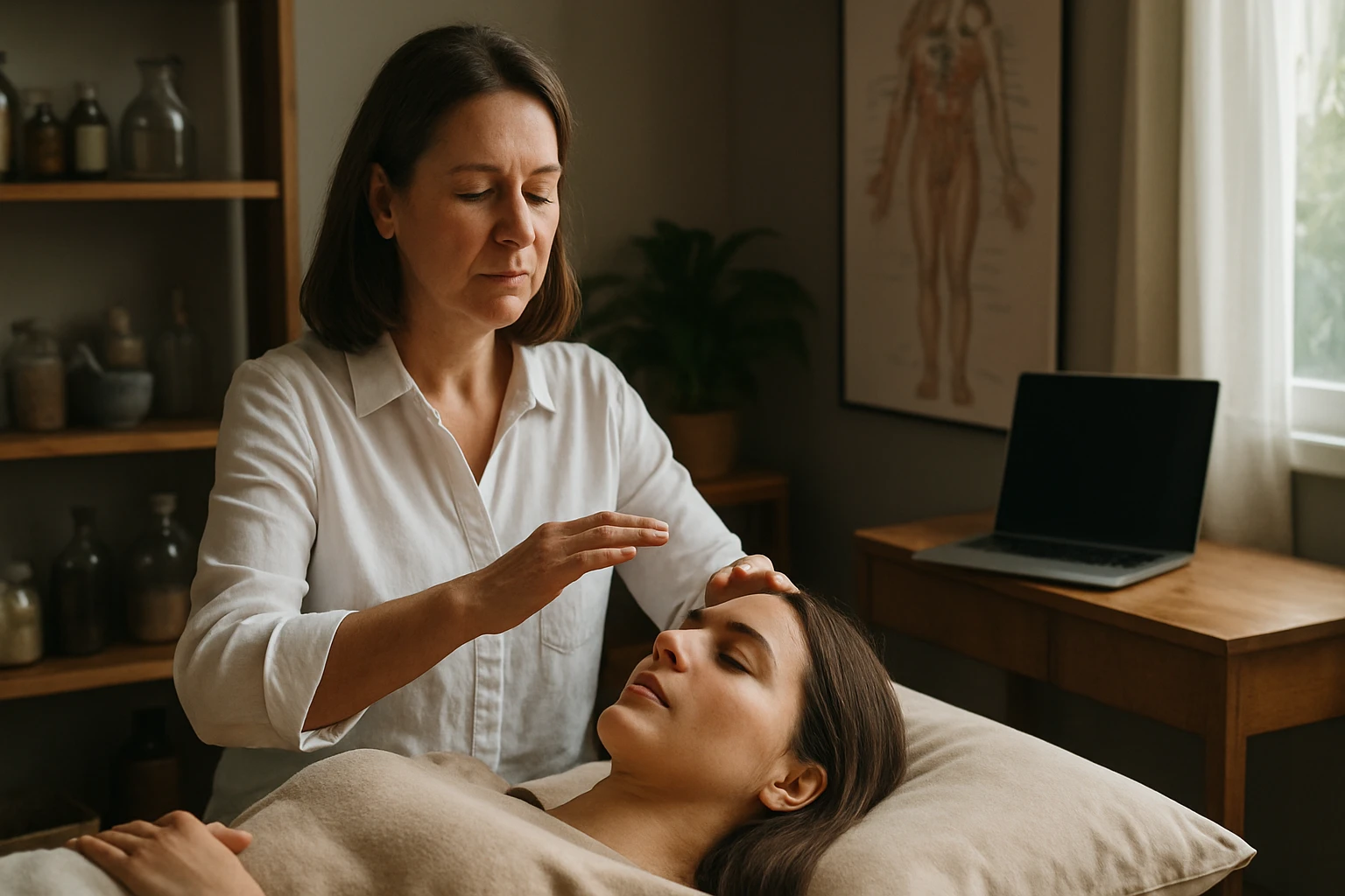 Eine Frau erhält eine energetische Behandlung, während sie entspannt auf einer Liege liegt.