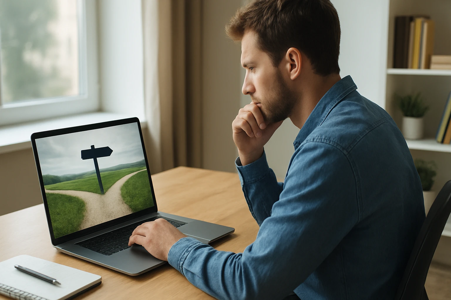 Ein Mann sitzt nachdenklich vor einem Laptop, auf dem ein Wegweiser auf einer Weggabelung zu sehen ist.