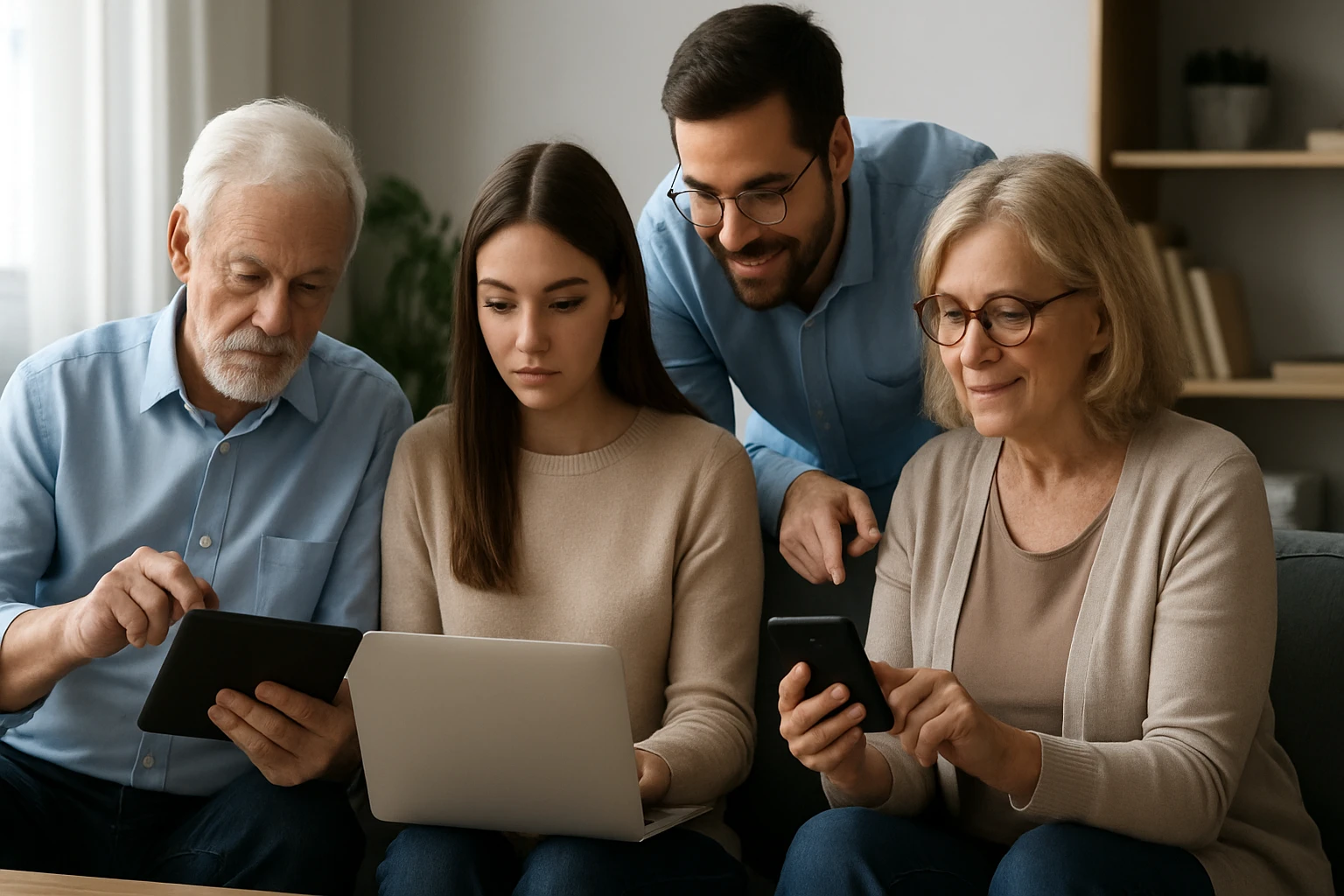 Eine Familie sitzt zusammen und nutzt verschiedene digitale Geräte wie Tablets und Laptops.