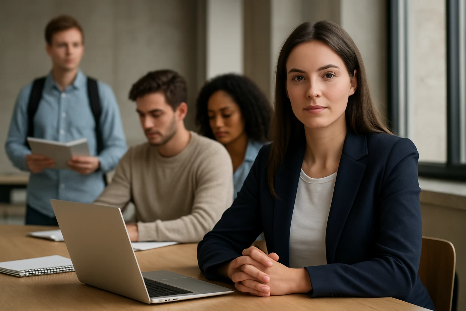 Eine Frau in einem Anzug sitzt an einem Tisch mit einem Laptop, während andere im Hintergrund lernen.