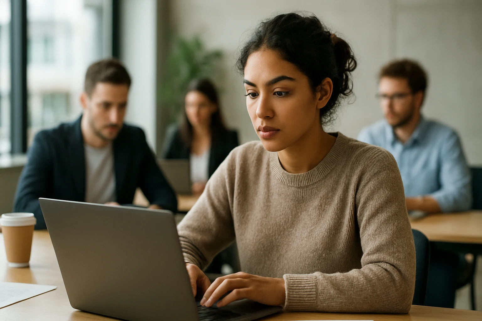 Eine konzentrierte Frau arbeitet an einem Laptop in einem modernen Büro.