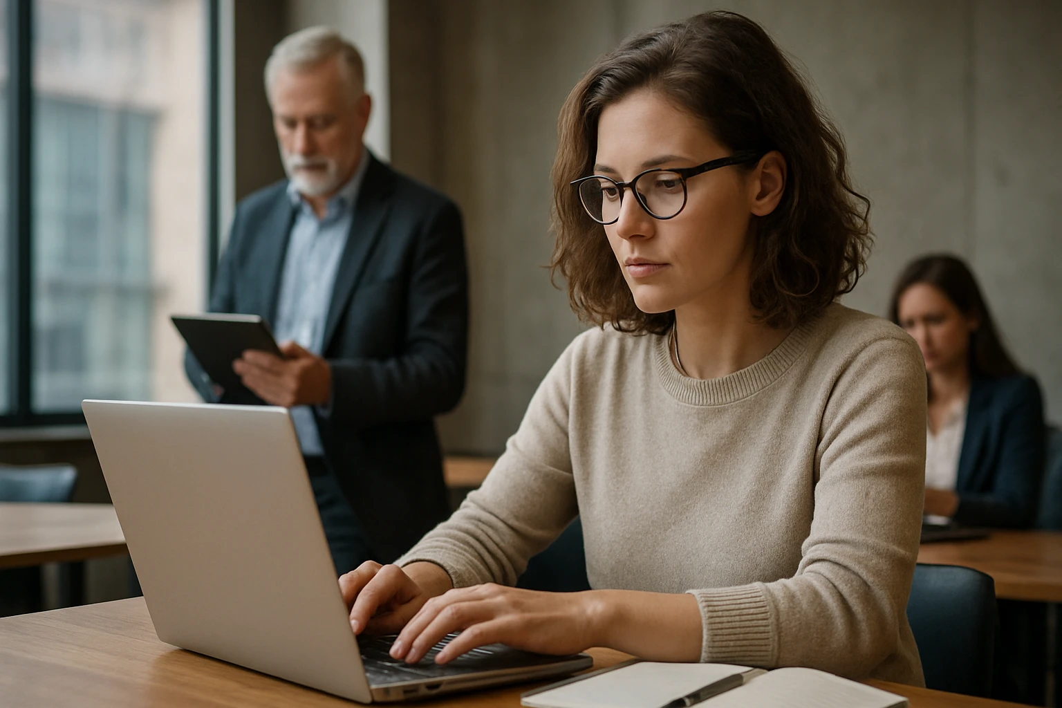 Eine Frau mit Brille arbeitet konzentriert an einem Laptop in einem modernen Büro.