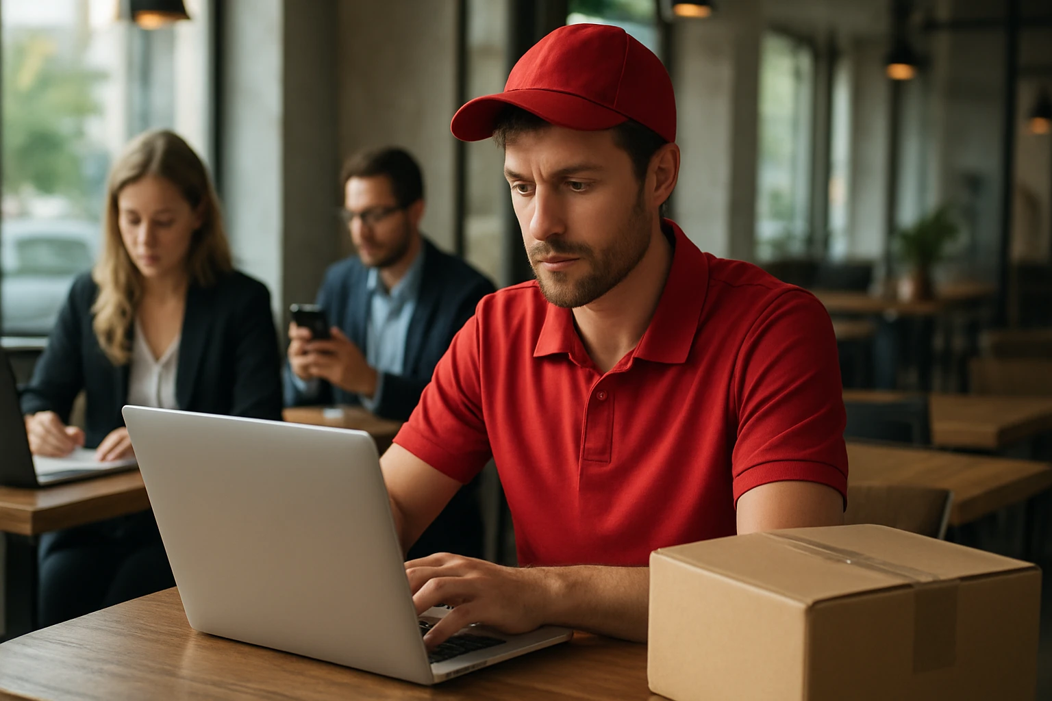 Ein Mann in rotem Shirt und Mütze arbeitet konzentriert an einem Laptop in einem Café.