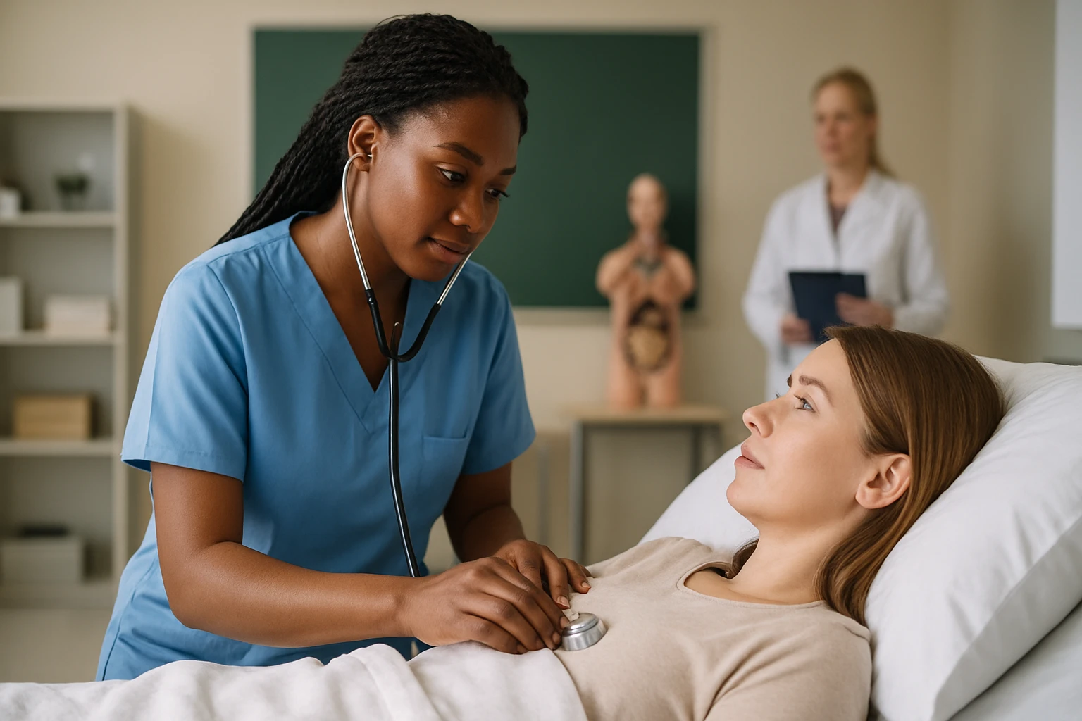 Eine Krankenschwester untersucht eine Patientin mit einem Stethoskop im Krankenhaus.