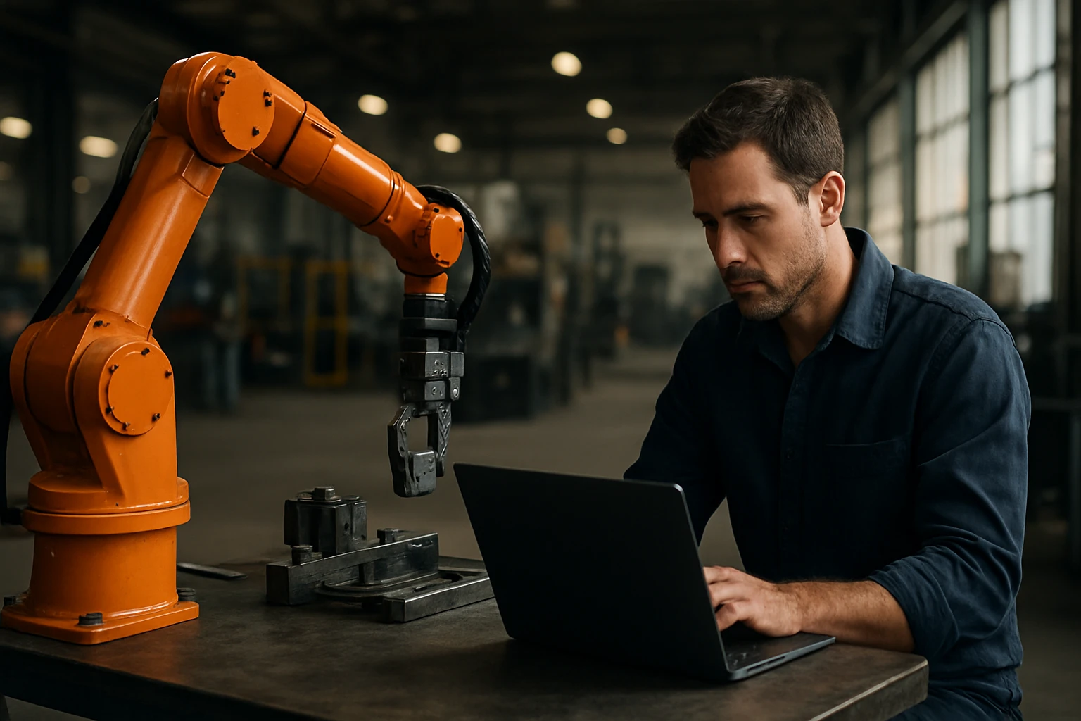 Ein Mann arbeitet konzentriert an einem Laptop neben einem Industrieroboterarm.