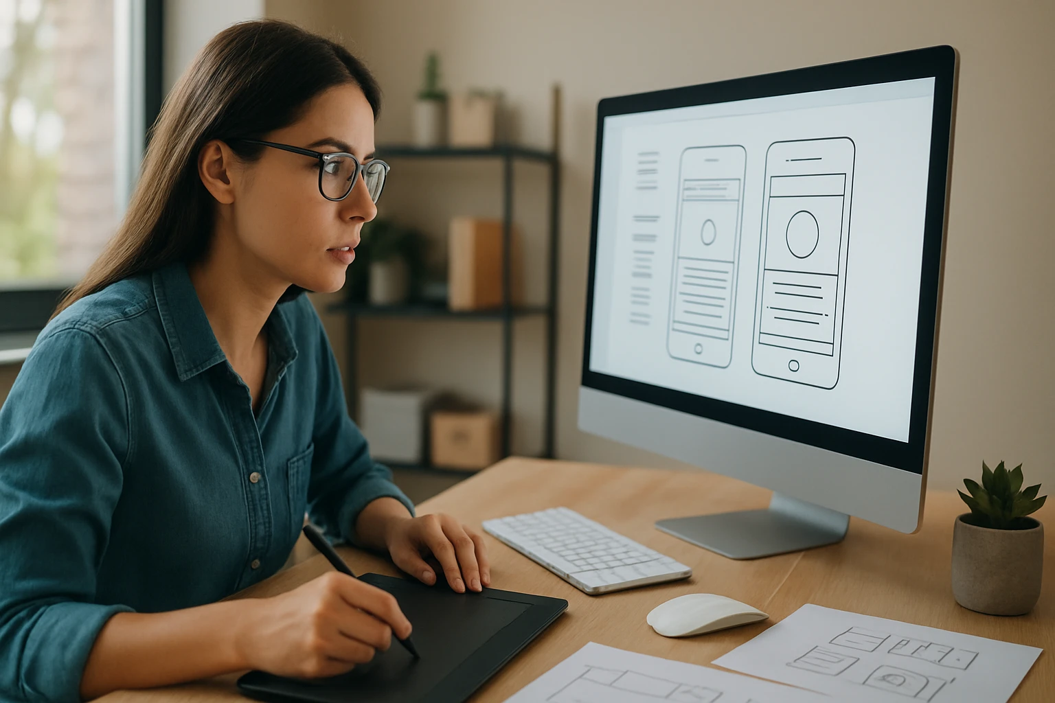 Eine Frau arbeitet an einem Grafiktablett und entwirft mobile Benutzeroberflächen am Computer.