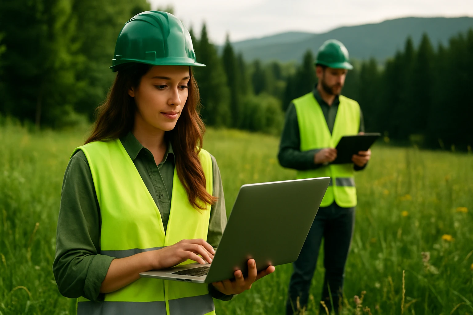 Eine junge Frau in Sicherheitskleidung arbeitet an einem Laptop im Freien.