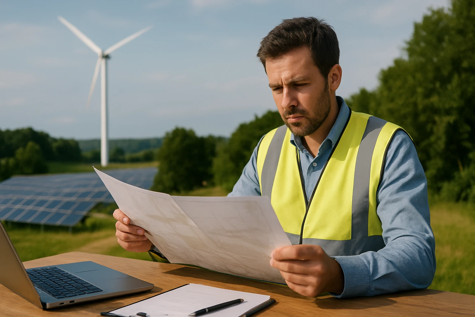 Ein Mann in Warnweste studiert Pläne vor einer Windkraftanlage und Solarpanelen.