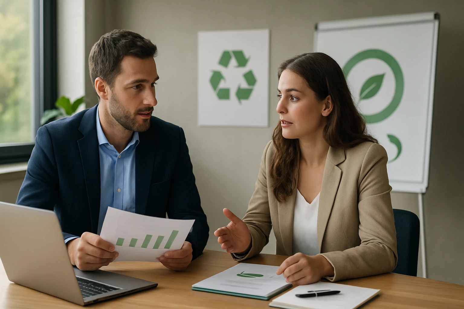 Ein Mann und eine Frau diskutieren über Diagramme und Nachhaltigkeit in einem modernen Büro.