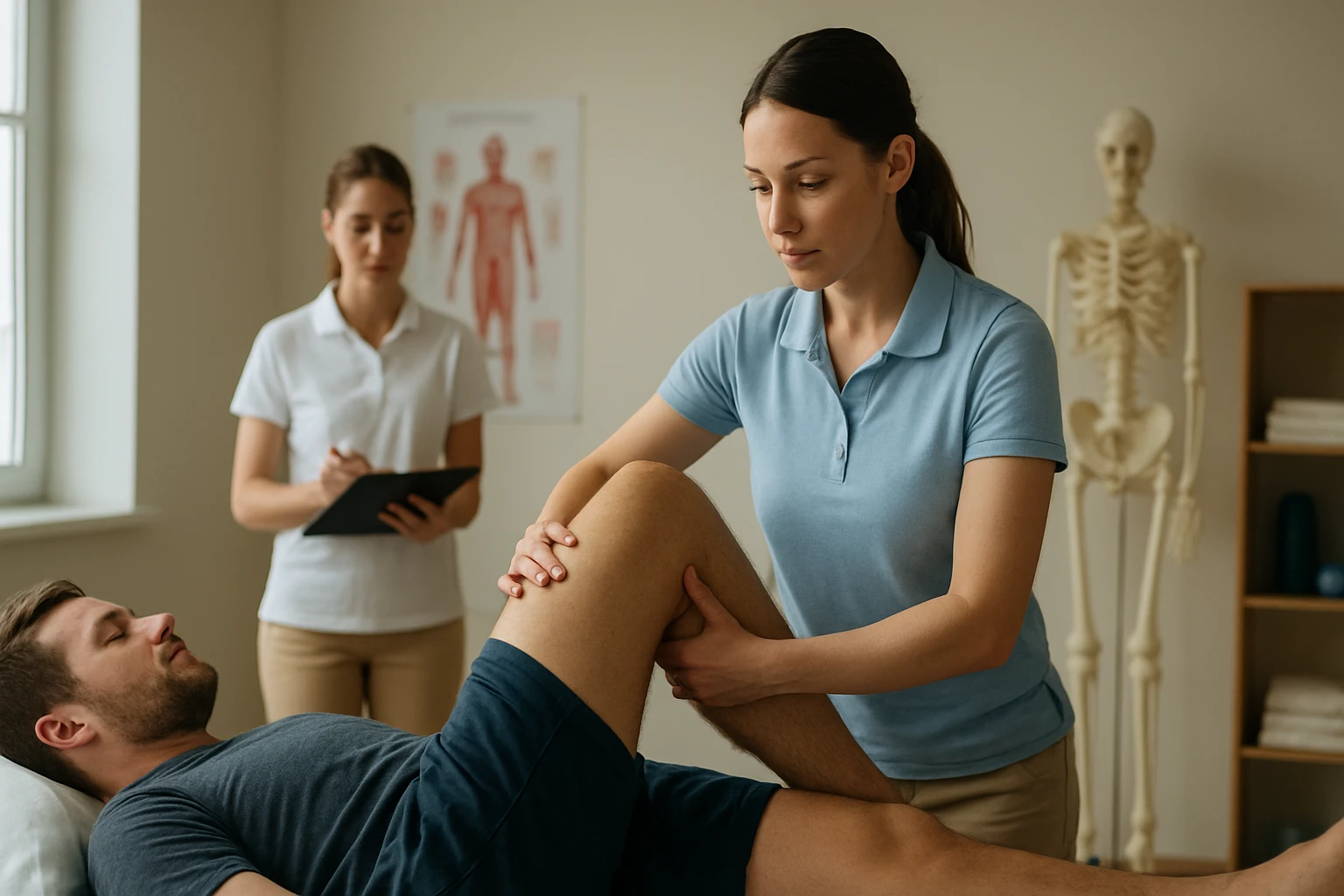Eine Physiotherapeutin behandelt einen Patienten mit einer Beinübung in einer Praxis.