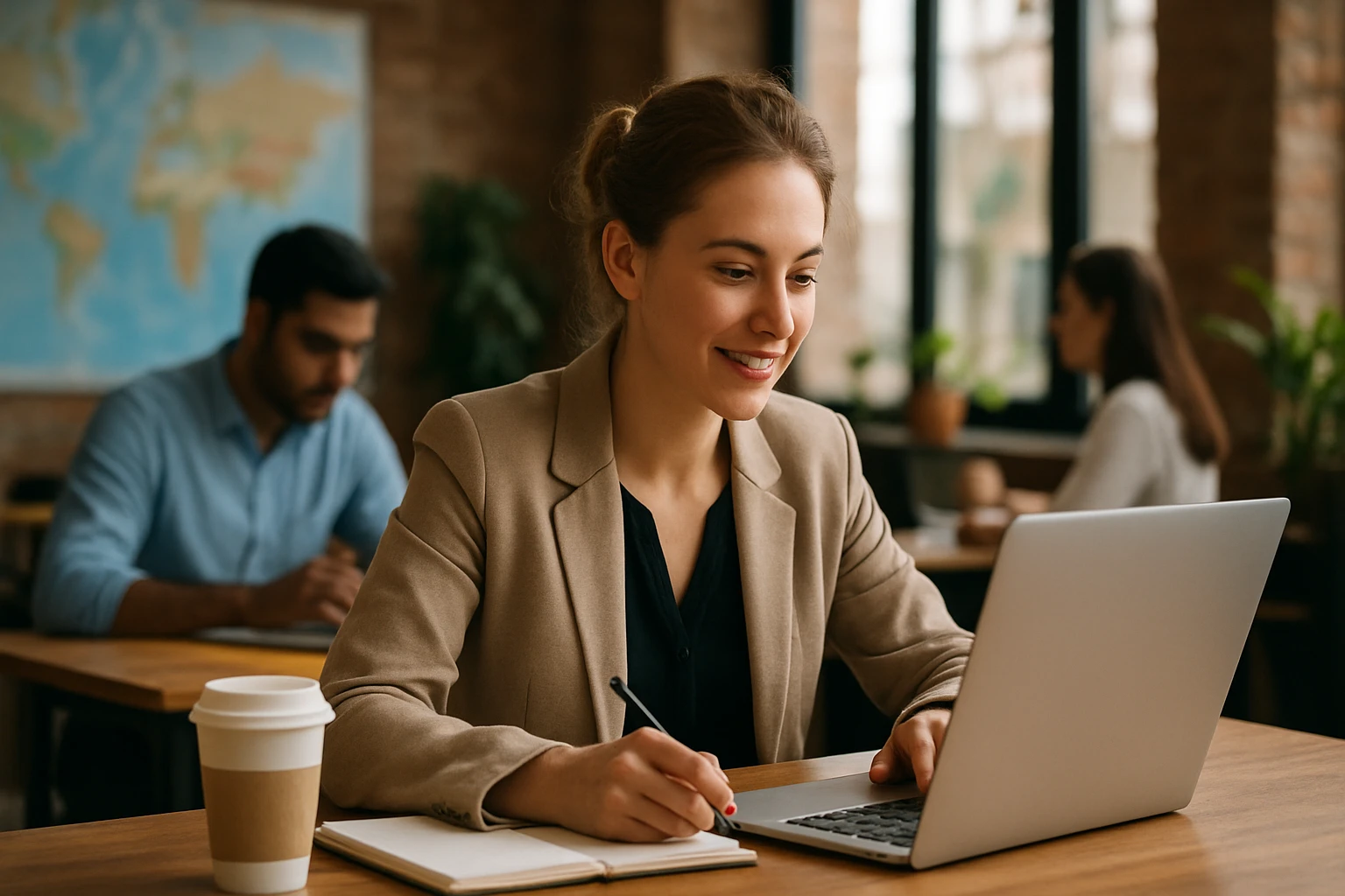 Eine Frau in einem Café arbeitet an ihrem Laptop und macht Notizen.
