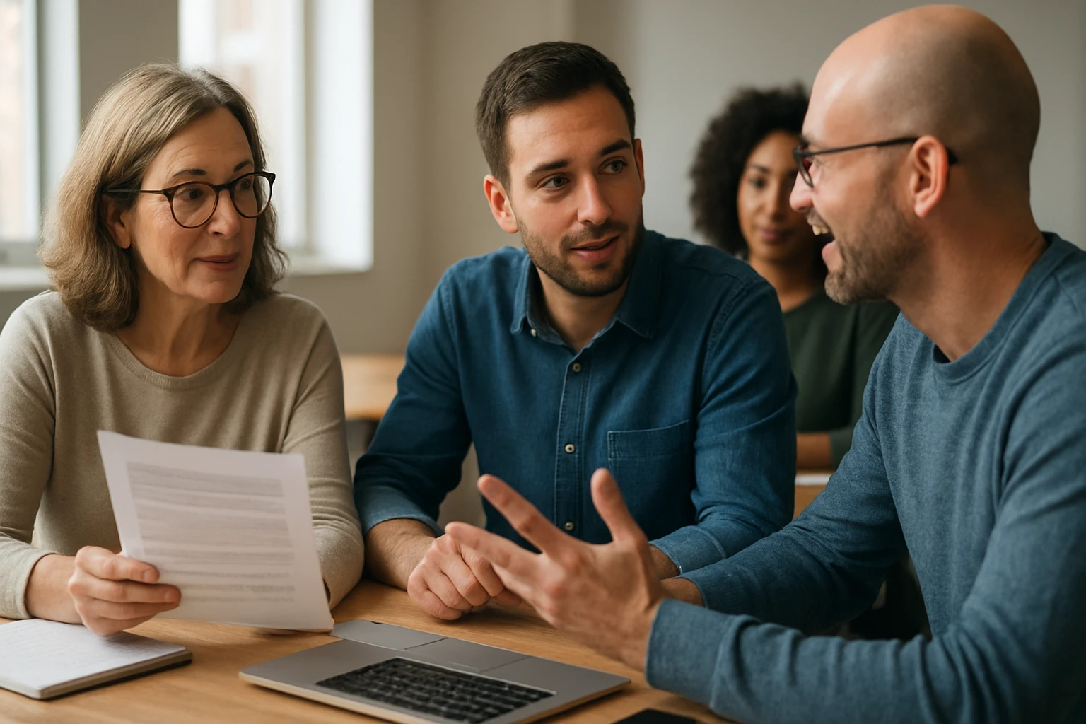 Eine Frau in einem Anzug sitzt an einem Tisch mit einem Laptop, während andere Teilnehmer im Hintergrund arbeiten.