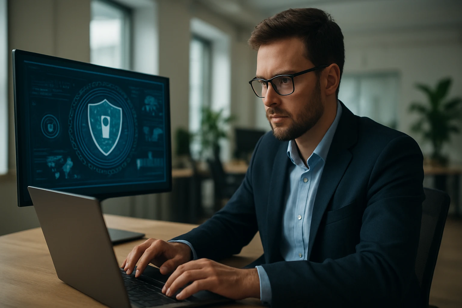 Ein Mann in Anzug arbeitet konzentriert an einem Laptop mit Sicherheitsgrafiken auf dem Bildschirm.