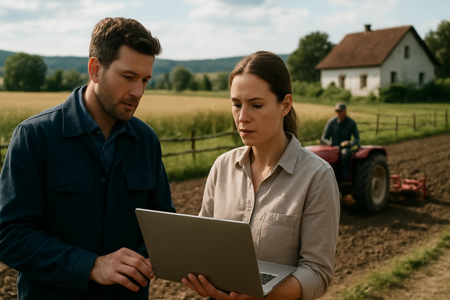 Ein Mann und eine Frau betrachten einen Laptop auf einem Feld mit einem Traktor im Hintergrund.