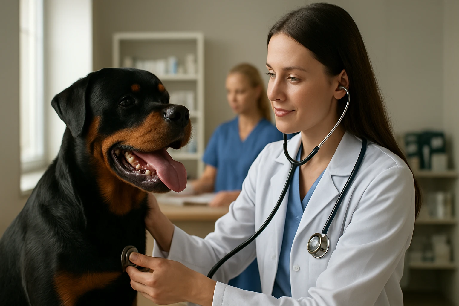 Eine Tierärztin untersucht einen Rottweiler mit einem Stethoskop.