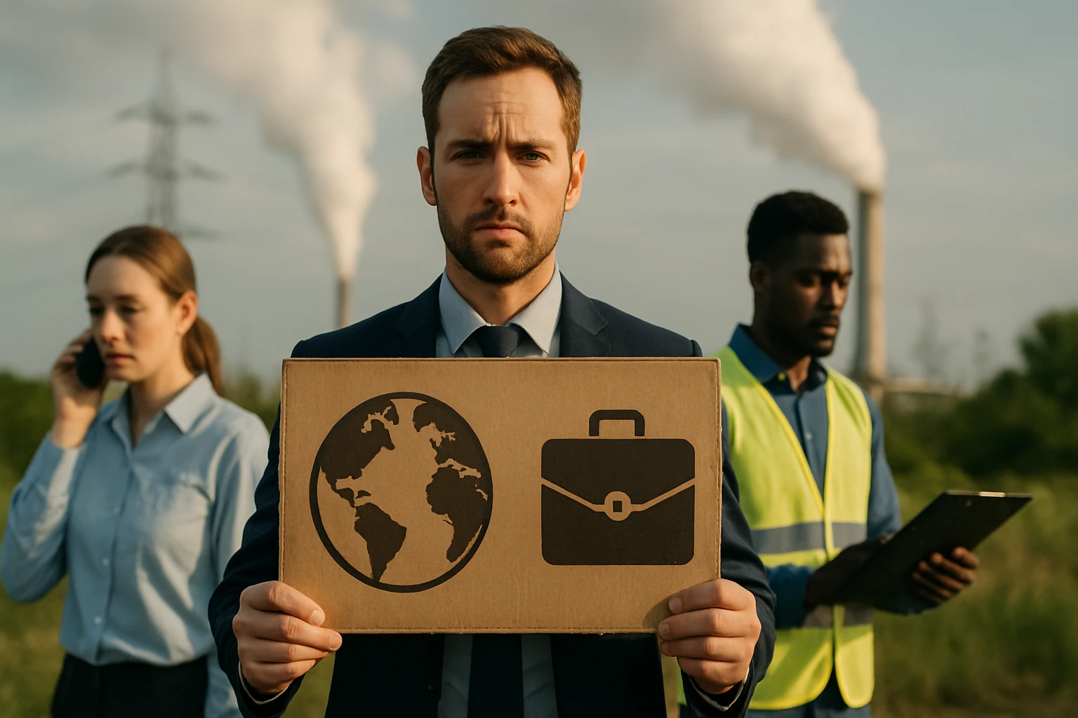 Ein Mann in Anzug hält ein Schild mit einer Weltkugel und einer Aktentasche, während im Hintergrund Rauch aus Fabriken aufsteigt.