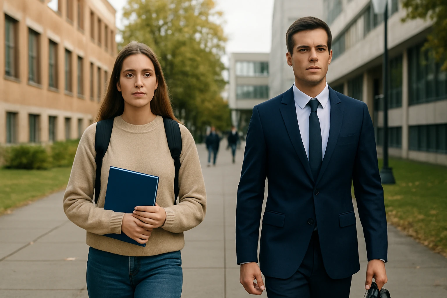 Ein Mann in Anzug hält ein Schild mit einer Weltkugel und einer Aktentasche vor einer Industrieanlage.