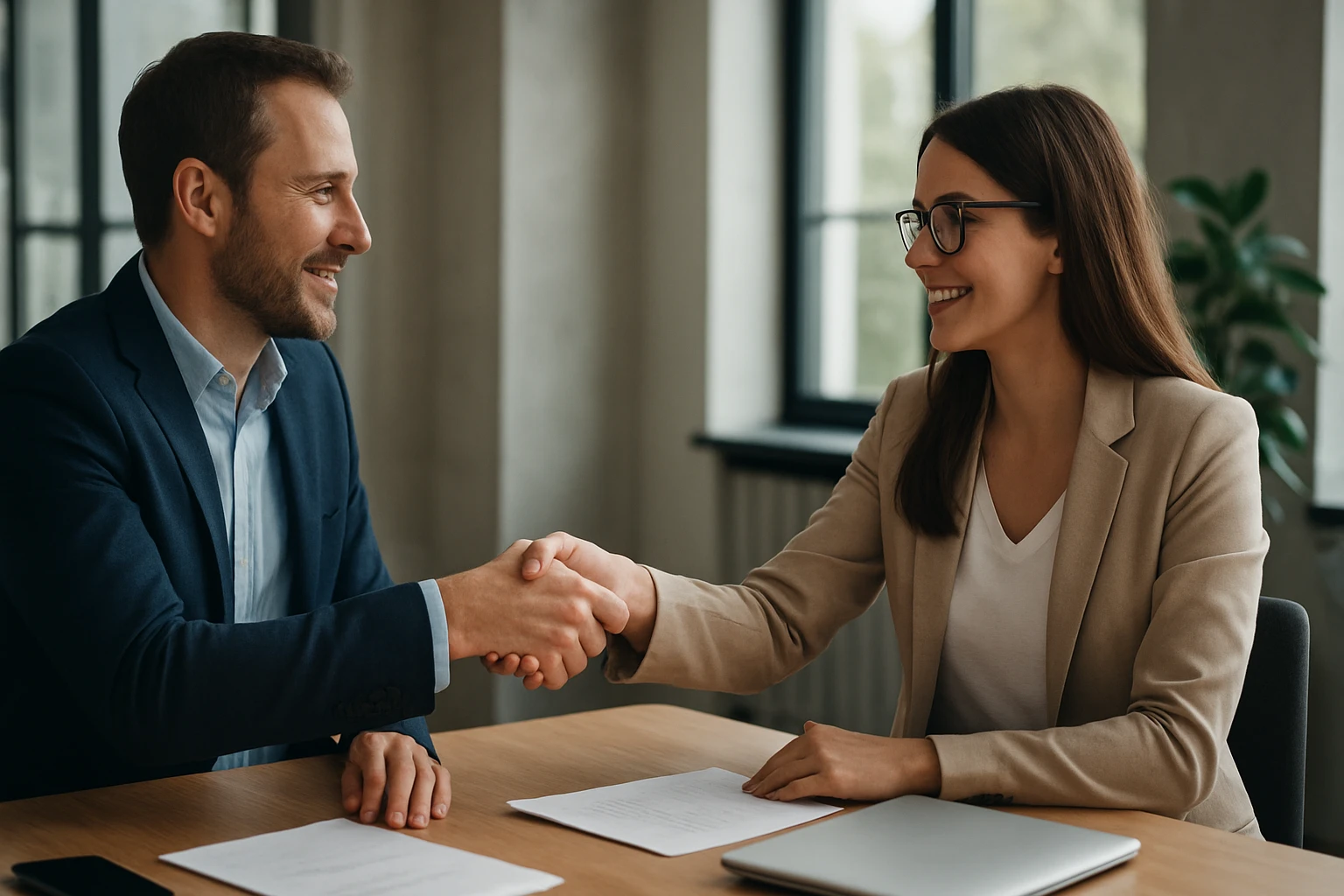 Ein Mann in Anzug hält einen Astronautenhelm vor einer Frau.