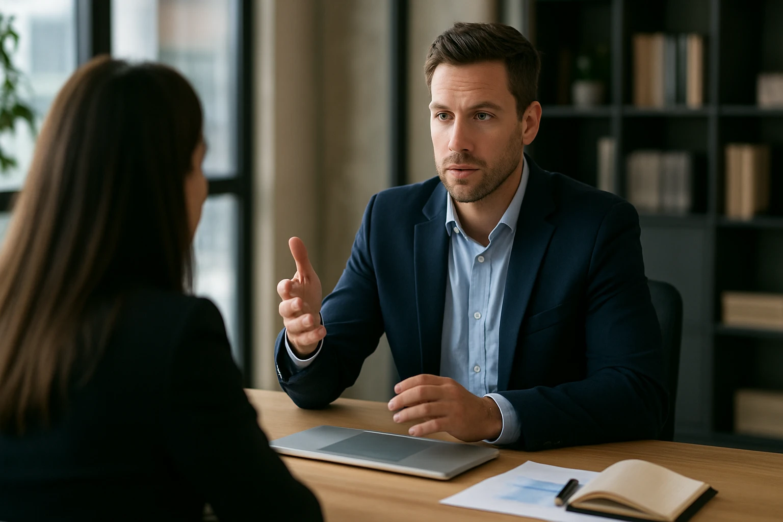 Ein Mann überreicht einer Frau einen weißen Astronautenhelm in einem modernen Büro.