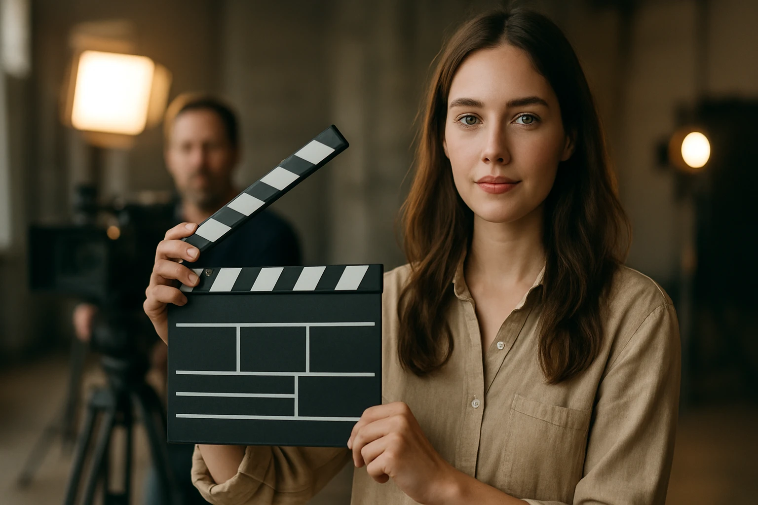 Ein Mann in Anzug hält einen Astronautenhelm vor einer Frau.