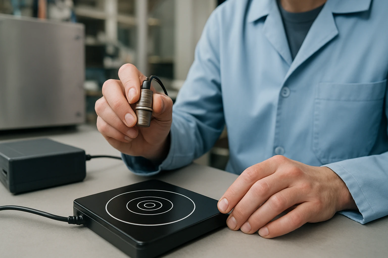 Ein Mann in Anzug hält einen Astronautenhelm vor einer Frau in einem Büro.